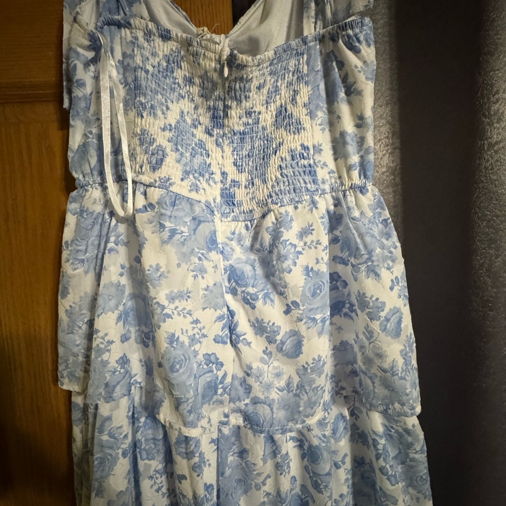 Altar'd State Blue and White Floral Tiered Maxi Dress with Tie Straps - Picture 10 of 14
